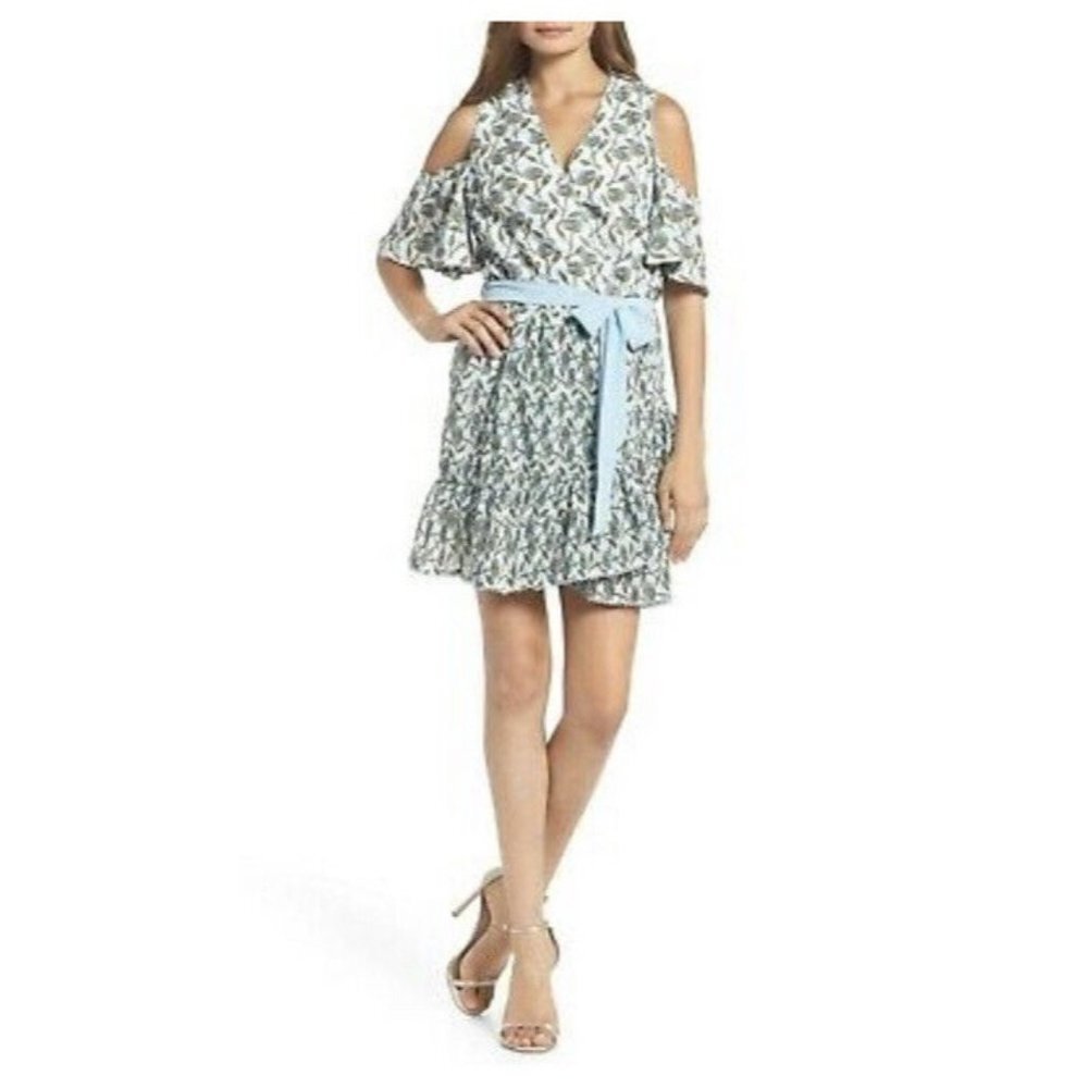 FOXIEDOX LEXIE COLD SHOULDER WRAP DRESS BLUE MULTI COLOR TIE NEW SZ S